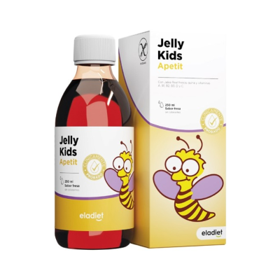 Frasco e embalagem Jelly Kids Apetit com ilustração de abelha e texto sobre suplemento alimentar para crianças