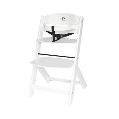 Cadeira alta infantil branca com cinto de segurança preto e texto Kinderkraft no encosto