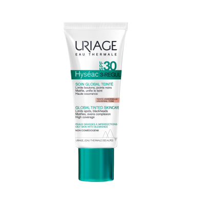 Tubo branco de creme URIAGE Hyséac 3-Regul SPF 30 com tampa verde