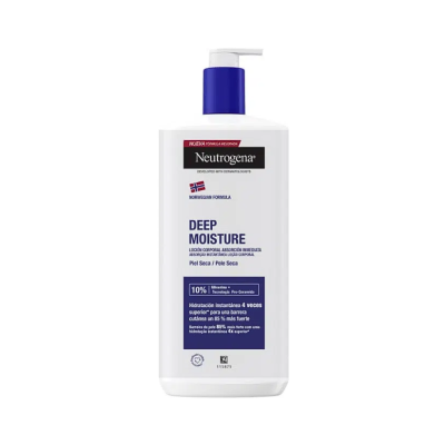 Frasco branco de loção corporal Neutrogena Deep Moisture com tampa de bomba azul