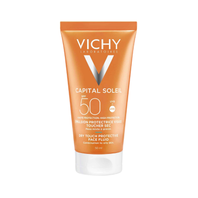 Tubo plástico laranja de protetor solar Vichy Capital Soleil SPF 50 para rosto pele mista a oleosa