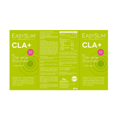 Rótulo verde de suplemento EASYSLIM CLA+ com texto branco e rosa