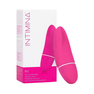 Massajador pessoal rosa com embalagem branca e rosa