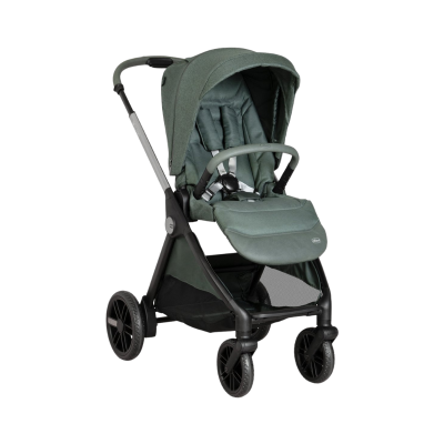 Carrinho de bebé verde com estrutura preta e rodas grandes