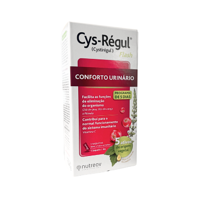 Embalagem Cys-Régul Flash para conforto urinário com frutos vermelhos e texto em português