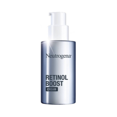 Frasco de creme Neutrogena Retinol Boost prata com doseador branco