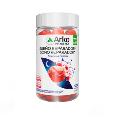 Frasco de comprimidos vermelhos Arko Pharma para sono reparador