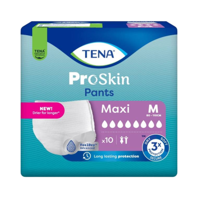 Embalagem de fraldas TENA ProSkin Pants Maxi tamanho M com várias indicações e cores azul, verde, roxo e branco