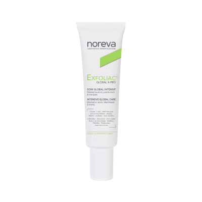 Creme dermatológico Noreva Exfoliac Global X-Pro embalagem branca com texto verde e preto