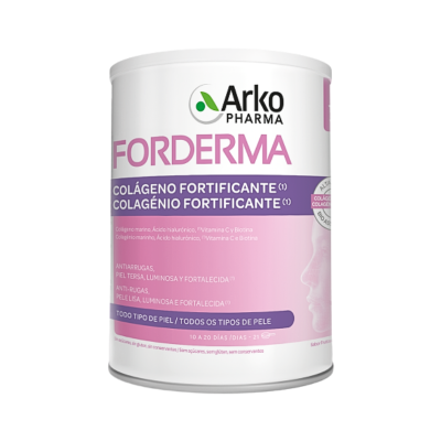Lata de colagénio fortificante FORDERMA da Arko Pharma com texto em português