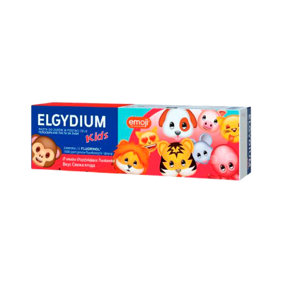 Embalagem de pasta de dentes ELGYDIUM kids com emojis coloridos