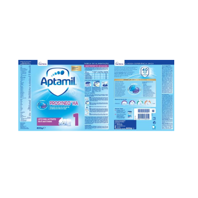 Rótulo do leite pediátrico Aptamil PROSYNEO HA para lactentes, embalagem azul e branca