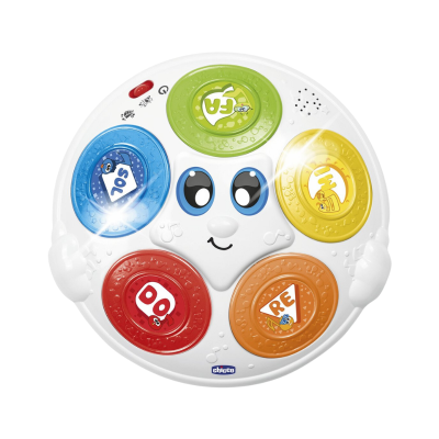 Brinquedo musical infantil com botões coloridos e rosto sorridente