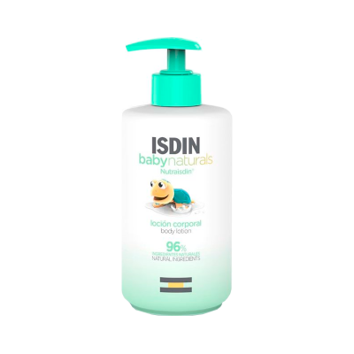 Frasco branco com tampa de bomba verde água de loção corporal ISDIN babynaturals Nutraisdin com tartaruga