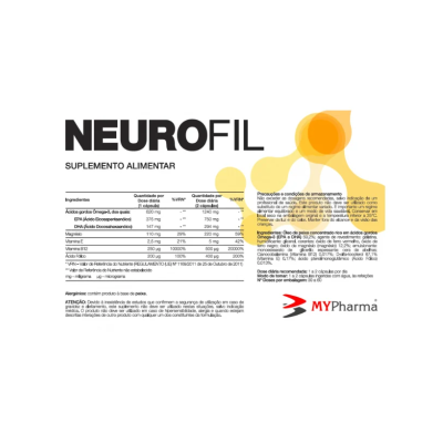 Etiqueta de suplemento alimentar Neurofil com texto e gráfico amarelo