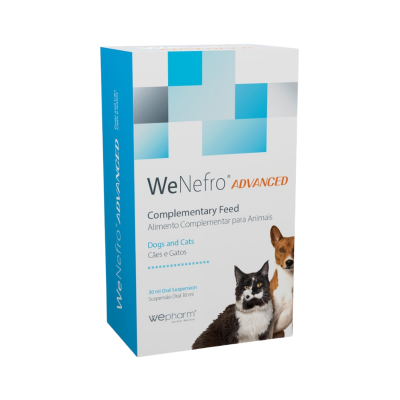 Embalagem de suplemento alimentar para cães e gatos WeNefro ADVANCED com imagens de gato e cão