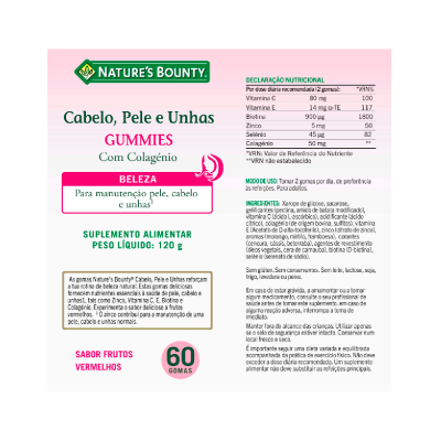 Rótulo suplemento Natures Bounty Cabelo, Pele e Unhas Gummies colagéneo sabor frutos vermelhos