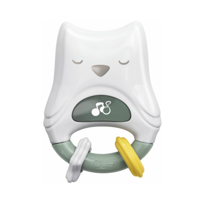 Mordedor infantil em forma de coruja branca com argolas coloridas e símbolo musical