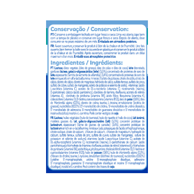 Rótulo de produto com texto de conservação e ingredientes em português e francês