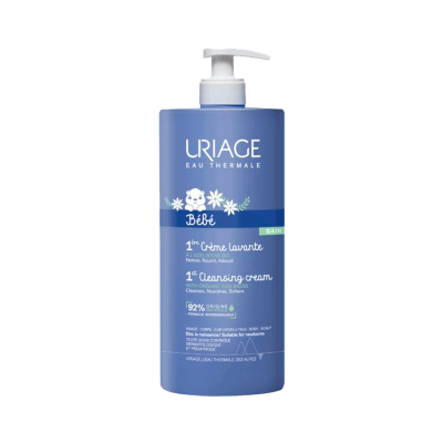Frasco azul de creme de limpeza Uriage Bébé com doseador branco