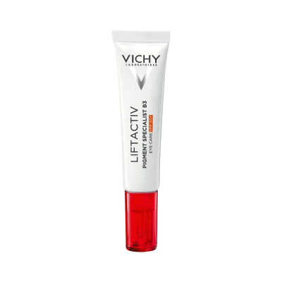 Tubo branco de creme VICHY Liftactiv Pigment Specialist B3 com tampa vermelha