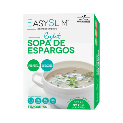 Embalagem de sopa de espargos light EasySlim com texto informativo e imagem da sopa numa chávena branca