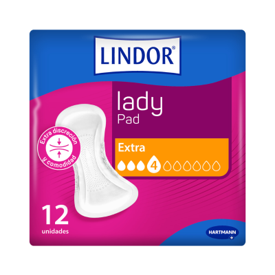 Embalagem rosa e azul de pensos higiénicos LINDOR lady Pad Extra com 12 unidades