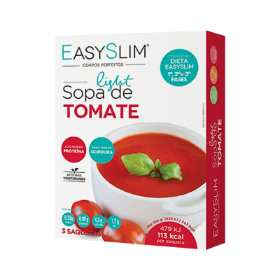 Embalagem de sopa de tomate light EasySlim com imagem de sopa vermelha e texto nutricional
