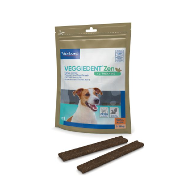 Pacote de snacks para cães Virbac VEGGIEDENT Zen com dois snacks castanhos alongados