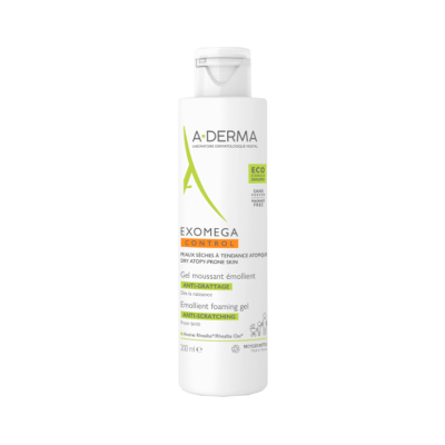 Frasco branco de gel espumante emoliente A-DERMA EXOMEGA CONTROL com texto em verde, laranja e preto