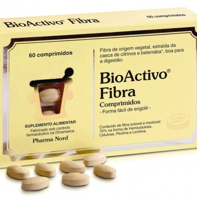Caixa amarela de suplementos BioActivo Fibra com 60 comprimidos