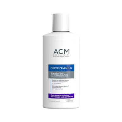Frasco branco de champô ACM NOVOPHANE.K 125ml com rótulo azul e violeta