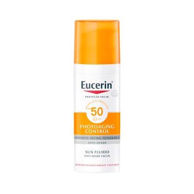 Frasco de proteção solar Eucerin SPF 50 com tampa laranja