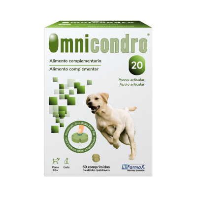 Embalagem do suplemento Omnicondro para cães e gatos com apoio articular