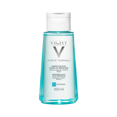 Frasco azul transparente com desmaquilhante para olhos sensíveis da Vichy