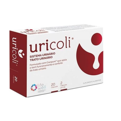 Caixa branca do suplemento alimentar uricoli com texto e gráficos vermelhos