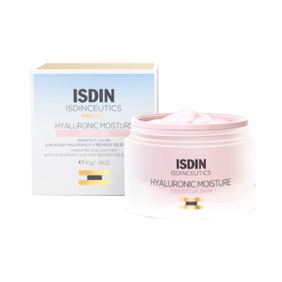 Creme hidratante rosa claro ISDIN Hyaluronic Moisture com caixa ao fundo