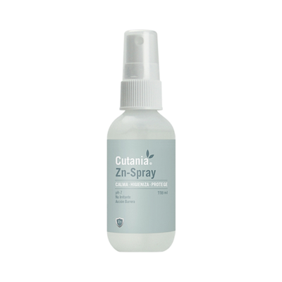 Frasco plástico branco de spray Cutania Zn-Spray 118 ml com rótulo azul claro