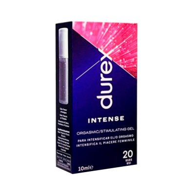 Embalagem de gel intensificador Durex Intense azul e rosa com vidro transparente na lateral