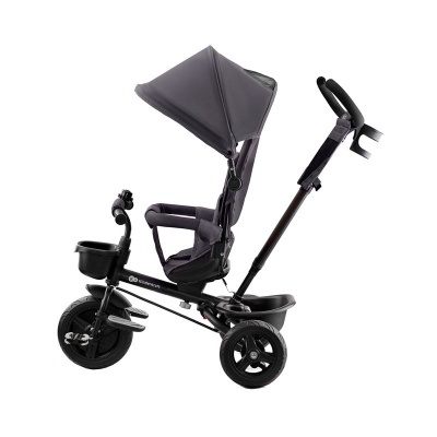 Triciclo infantil preto e cinzento com capota e barra de empurrar