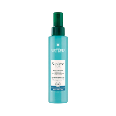 Frasco azul claro de spray Sublime Curl René Furterer com tampa verde escura