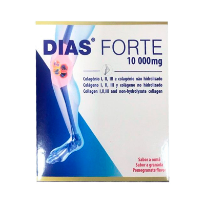 Embalagem do suplemento DIAS FORTE 10000mg com gráfico de perna esqueda e texto sobre colagénio e sabor a romã