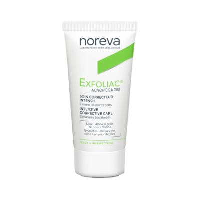 Frasco branco de produto Noreva Exfoliac Acnoméga 200 com texto em verde e preto