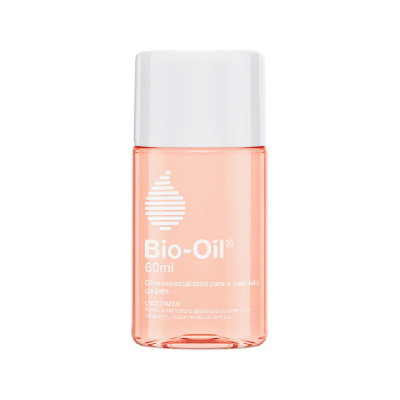 Frasco de Bio-Oil de 60 ml com tampa branca e líquido cor de laranja