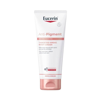 Creme corporal Eucerin Anti-Pigment em embalagem branca com tampa rosa