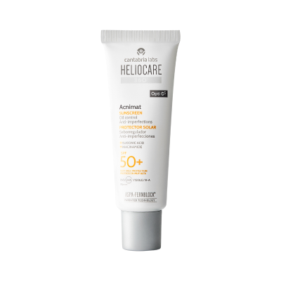Frasco branco de protetor solar Cantabria Labs HelioCare 360 Acnimat SPF 50+