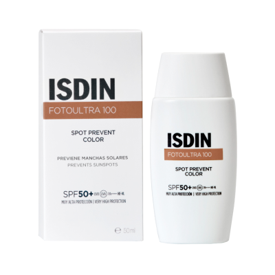 Protetor solar ISDIN FOToultra 100 Spot Prevent Color SPF 50+ embalagem e frasco branco