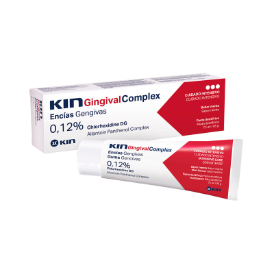 Pasta dentífrica KIN Gingival Complex para gengivas, embalagem branca e vermelha