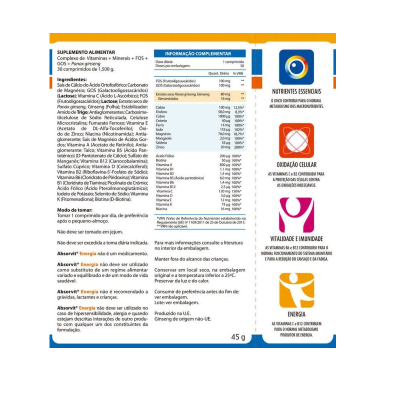 Etiqueta de suplemento alimentar Absorvit Energia com informações nutricionais e recomendações.
