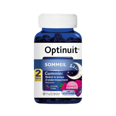 Frasco de suplemento Optinuit Sommeil com gomas de melatonina sabor framboesa
